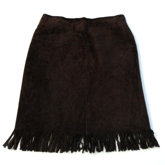 Express Vintage 90s Leather Fringe Skirt Size S Brown Boho Western Pencil - Picture 1 of 7